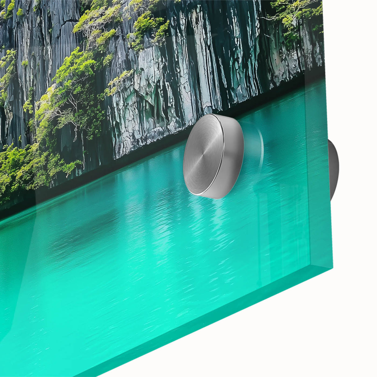 Close-up of an acrylic glass artwork depicting vibrant landscapes with dramatic cliffs and rich colors, showcasing intricate details and textures for a stunning visual impact.
