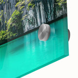 Close-up of an acrylic glass artwork depicting vibrant landscapes with dramatic cliffs and rich colors, showcasing intricate details and textures for a stunning visual impact.