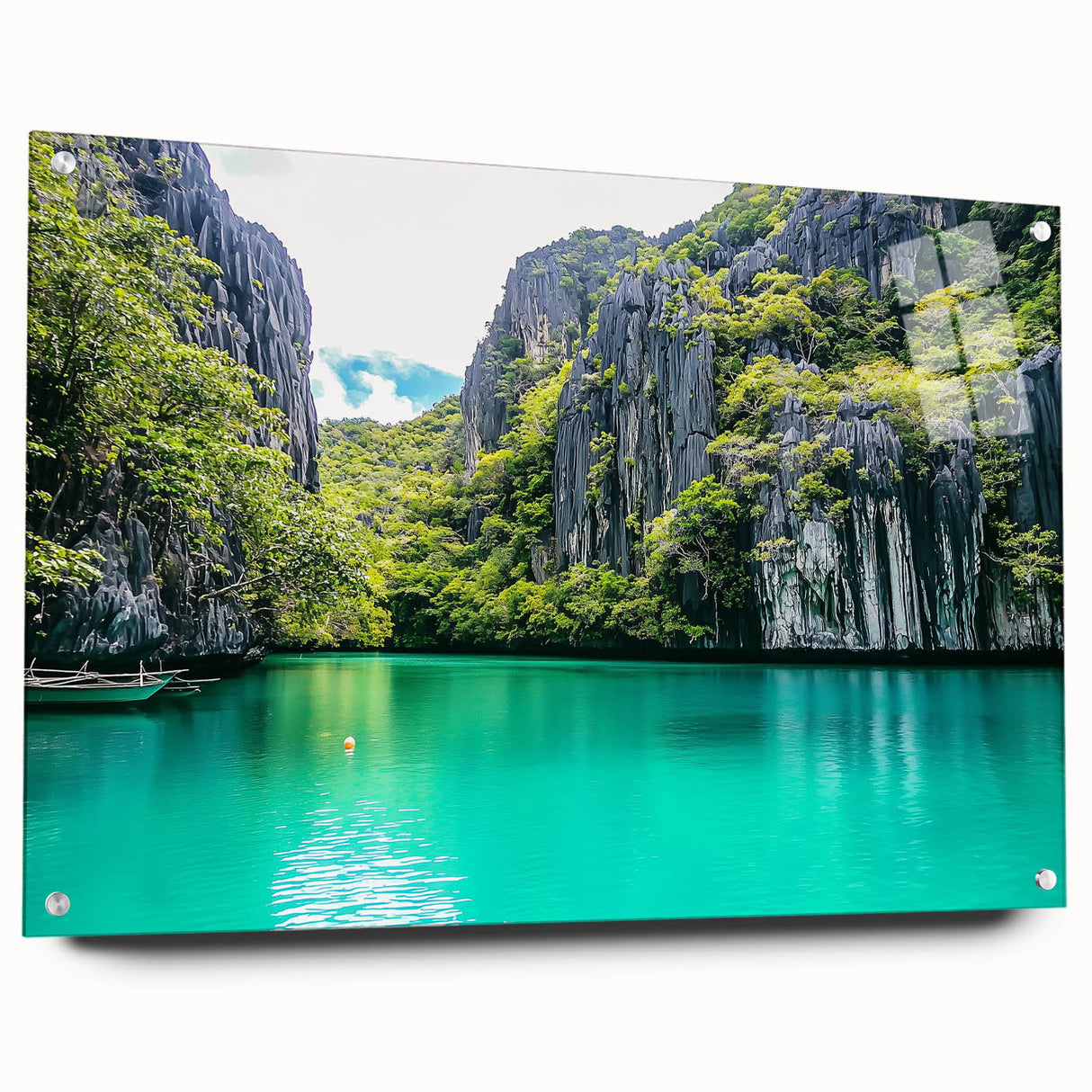 Side view of an acrylic landscape artwork depicting dramatic cliffs, featuring a vibrant color palette and mounted with pins for display. Perfect for modern home decor.