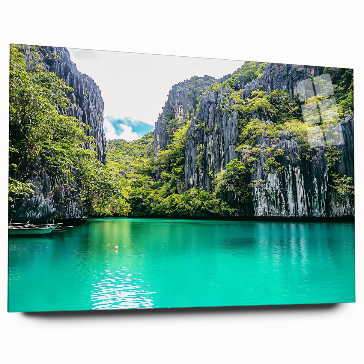 Acrylic glass artwork depicting a dramatic cliff landscape in vibrant colors, showcasing intricate details and natural textures, perfect for home decor.