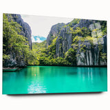 Acrylic glass artwork depicting a dramatic cliff landscape in vibrant colors, showcasing intricate details and natural textures, perfect for home decor.