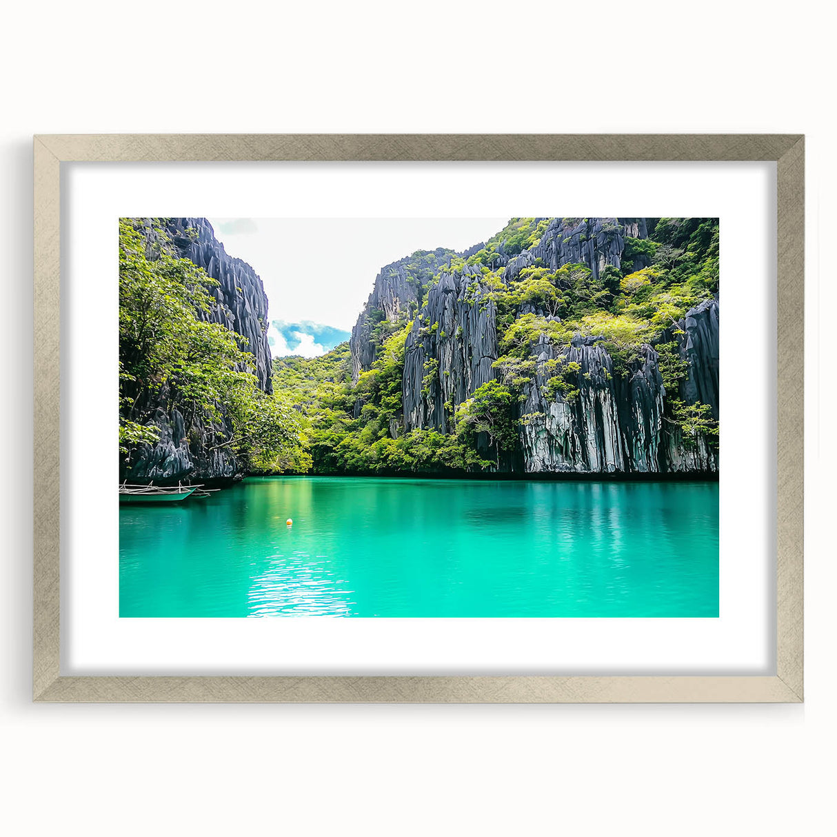 Framed landscape artwork showcasing dramatic cliffs with a silver mat border, perfect for enhancing modern home decor. Ideal for nature enthusiasts and art lovers.
