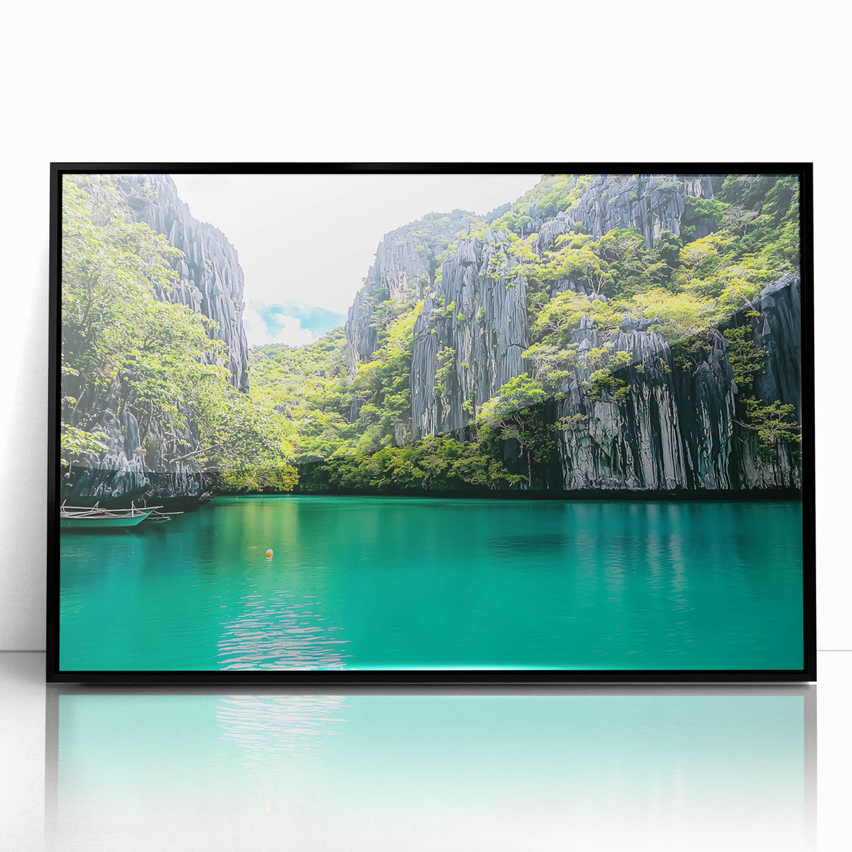 Framed acrylic artwork showcasing a breathtaking landscape of dramatic cliffs, presented in a sleek black frame, perfect for modern home decor. Ideal for nature lovers and art enthusiasts.