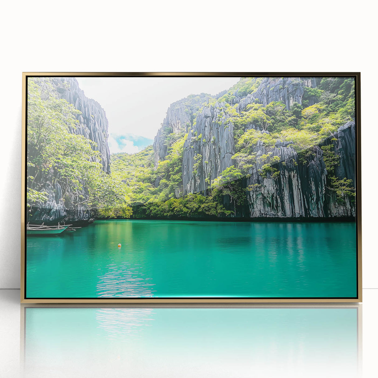 Framed acrylic artwork depicting dramatic cliffs and landscapes, accented with gold tones, ideal for enhancing modern home decor and creating a serene atmosphere.