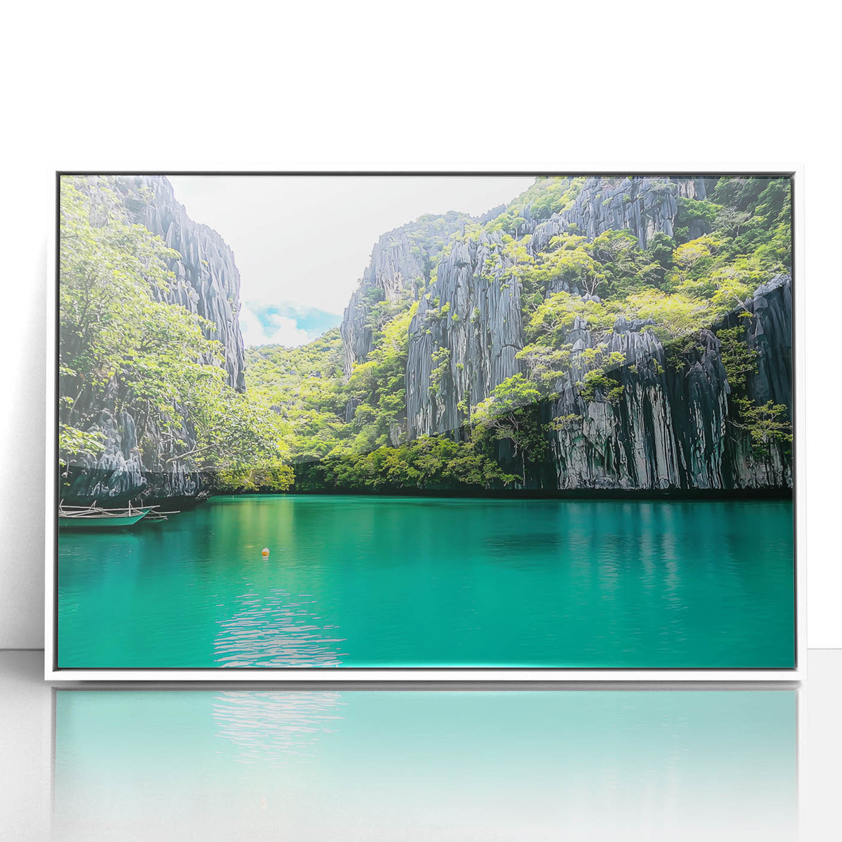 Framed acrylic artwork depicting a stunning landscape of cliffs with vibrant colors and intricate details, displayed against a sleek white frame, ideal for home decor.