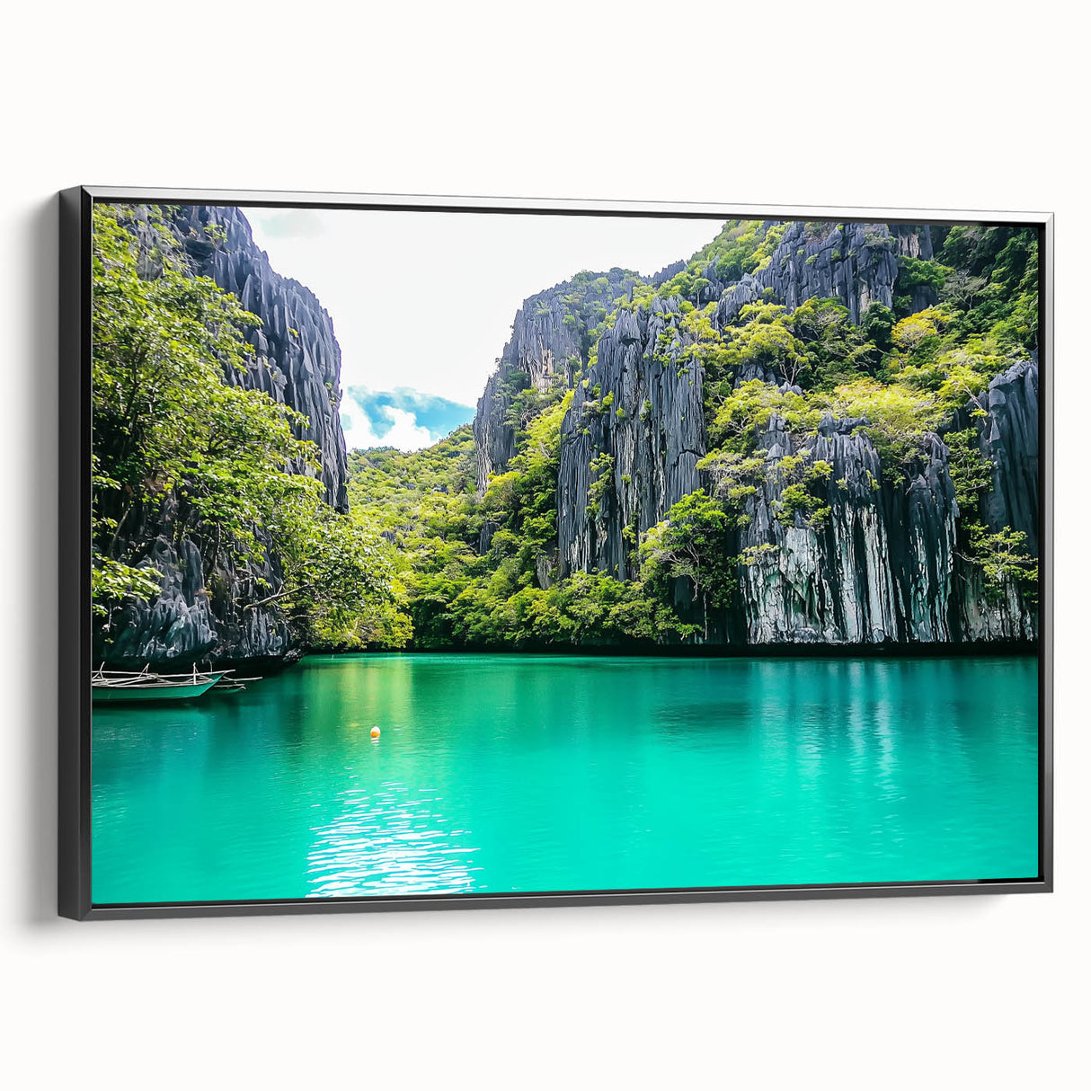 Framed canvas artwork depicting a stunning landscape of cliffs, showcasing intricate details and vibrant colors, presented in a sleek black frame. Ideal for enhancing modern home decor.