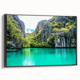 Framed canvas artwork depicting a stunning landscape of cliffs, showcasing intricate details and vibrant colors, presented in a sleek black frame. Ideal for enhancing modern home decor.