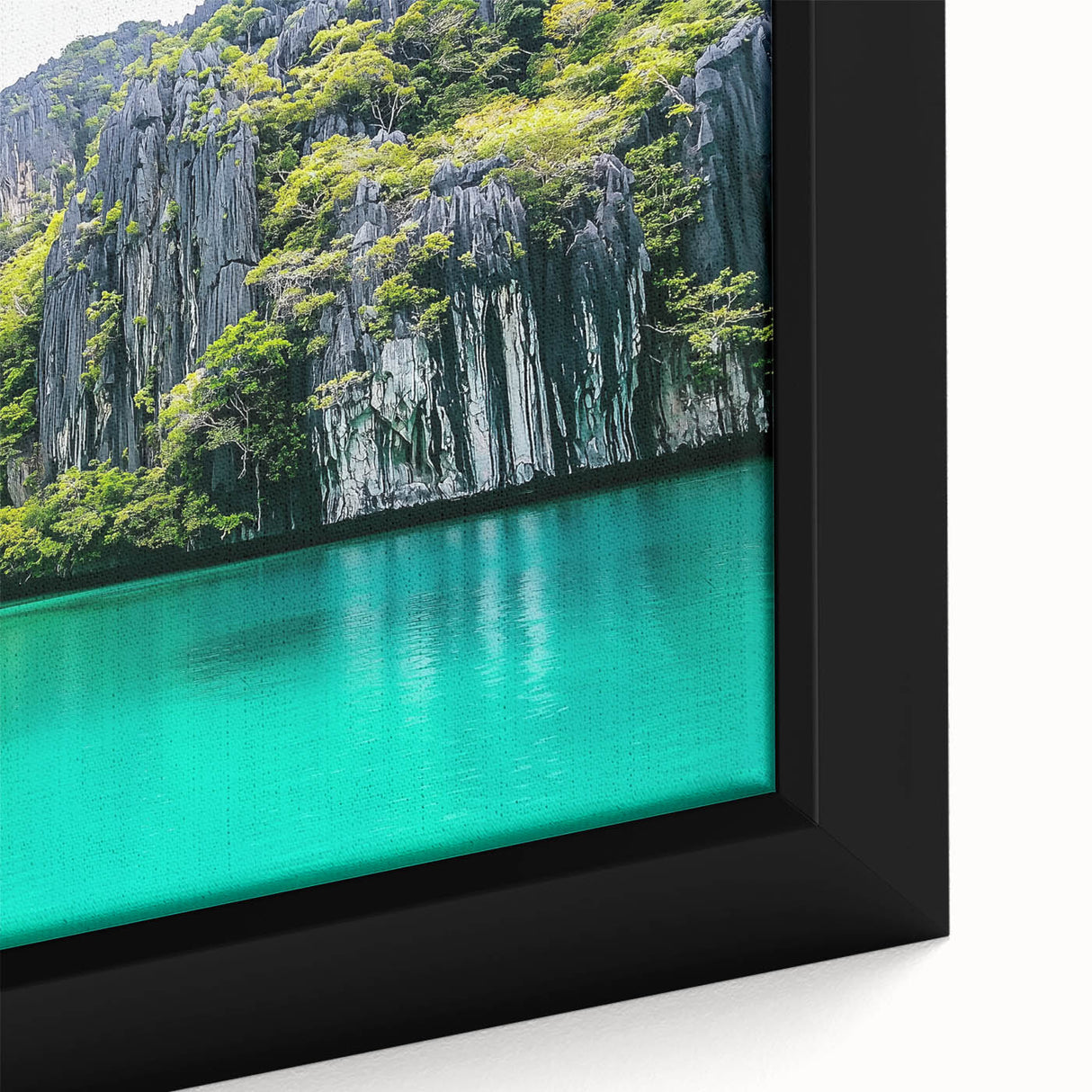 Close-up view of a framed canvas artwork depicting dramatic cliffs and landscapes, showcasing intricate details and vibrant colors, perfect for home decor.