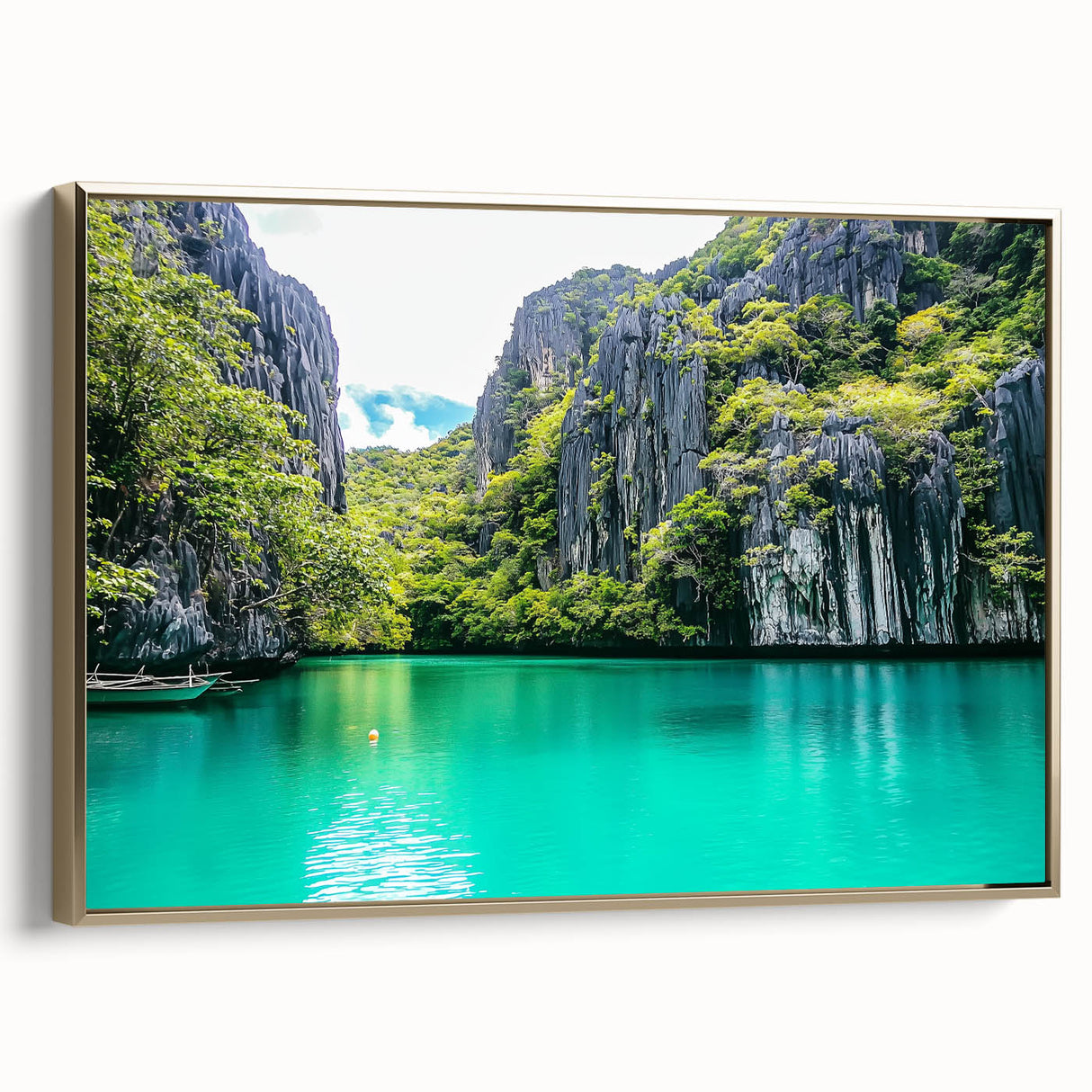 Framed canvas artwork showcasing a breathtaking landscape of cliffs, with a gold frame accentuating the vibrant colors and textures, perfect for home decor.