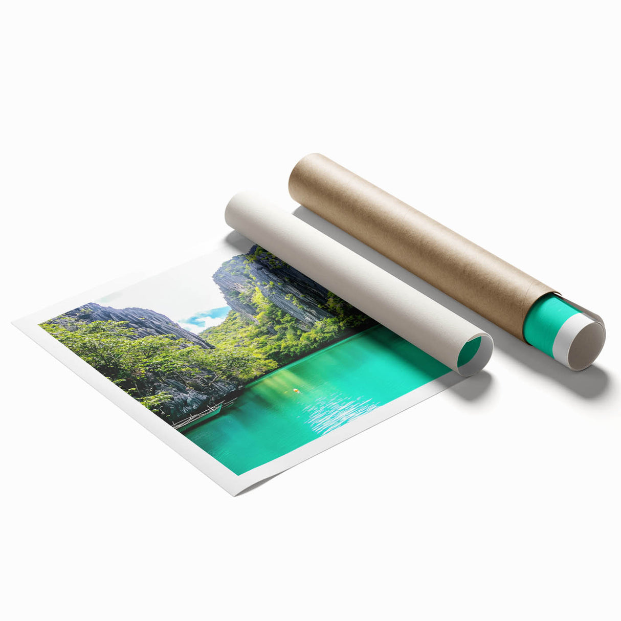 Stunning rolled canvas print showcasing a vibrant landscape of majestic cliffs under a clear blue sky, perfect for enhancing home décor. Packaged securely in a protective tube for safe delivery.