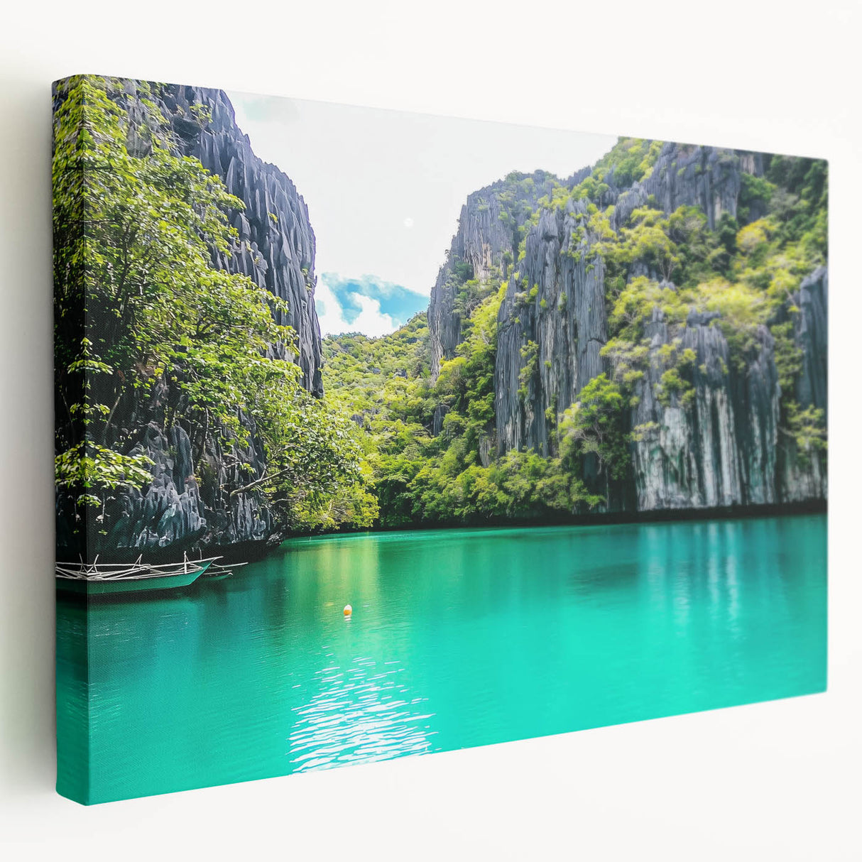 Stretched canvas artwork depicting dramatic cliffs and verdant landscapes in vibrant colors, ideal for enhancing modern home decor and art collections.