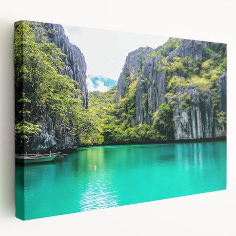 Stretched canvas artwork depicting dramatic cliffs and verdant landscapes in vibrant colors, ideal for enhancing modern home decor and art collections.