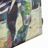 Close-up of a vibrant abstract figurative acrylic artwork on glass, showcasing bold colors and intricate details, perfect for modern home decor.