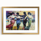 Abstract figurative artwork framed in a gold mat, showcasing vibrant colors and dynamic shapes, ideal for contemporary home decor and art collectors.