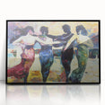 Abstract figurative art piece in a black frame, showcasing vibrant colors and dynamic shapes, perfect for modern home decor and artistic expression.