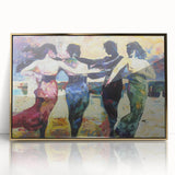 Framed abstract figurative wall art in gold acrylic, showcasing vibrant colors and dynamic shapes, perfect for contemporary home decor and artistic expression.