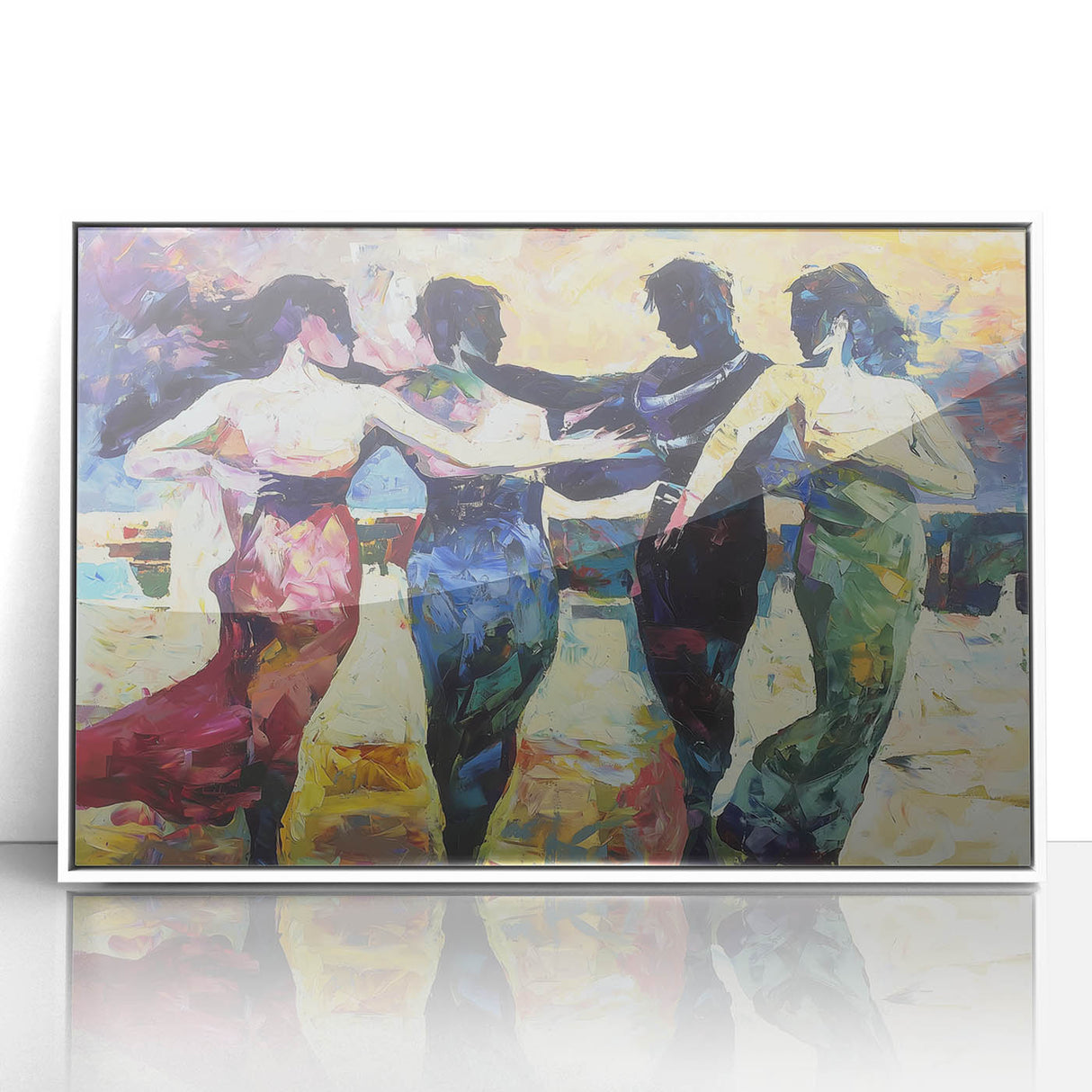 Framed abstract figurative art piece in white acrylic, showcasing vibrant colors and dynamic shapes, perfect for modern home decor. Ideal for art enthusiasts.