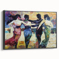 Abstract figurative framed canvas artwork showcasing bold colors and dynamic shapes, displayed in a sleek black frame, perfect for modern home decor.