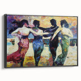 Abstract figurative framed canvas artwork showcasing bold colors and dynamic shapes, displayed in a sleek black frame, perfect for modern home decor.