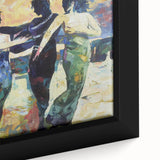 Close-up view of an abstract figurative framed canvas artwork showcasing vibrant colors and intricate patterns, ideal for modern home decor and art enthusiasts.