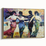 Framed abstract figurative canvas art featuring gold accents and elegant design, displayed from a side view showcasing its depth and texture. Perfect for modern home decor.