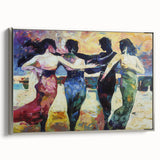 Abstract figurative framed canvas artwork showcasing a silver frame, highlighting fluid shapes and vivid colors, ideal for modern home decor.
