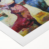 Abstract figurative art on rolled canvas, showcasing vibrant colors and dynamic shapes, elegantly packaged in a protective cardboard tube for decoration or gifting.