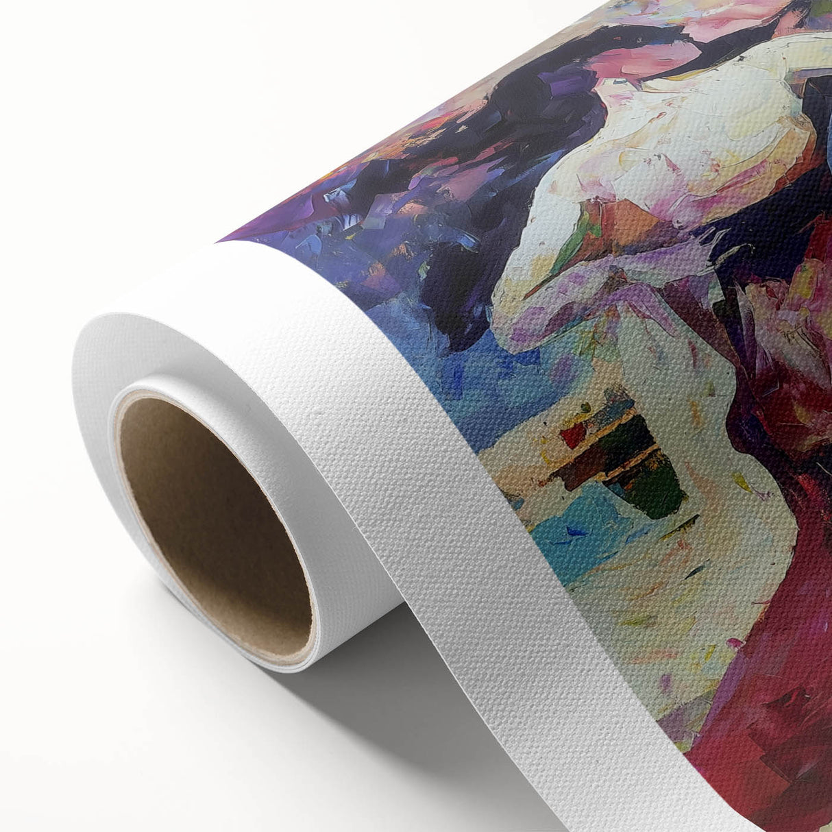 Abstract figurative art on rolled canvas, showcasing vibrant colors and dynamic shapes, ideal for modern home decor. Packaged securely in a durable tube.