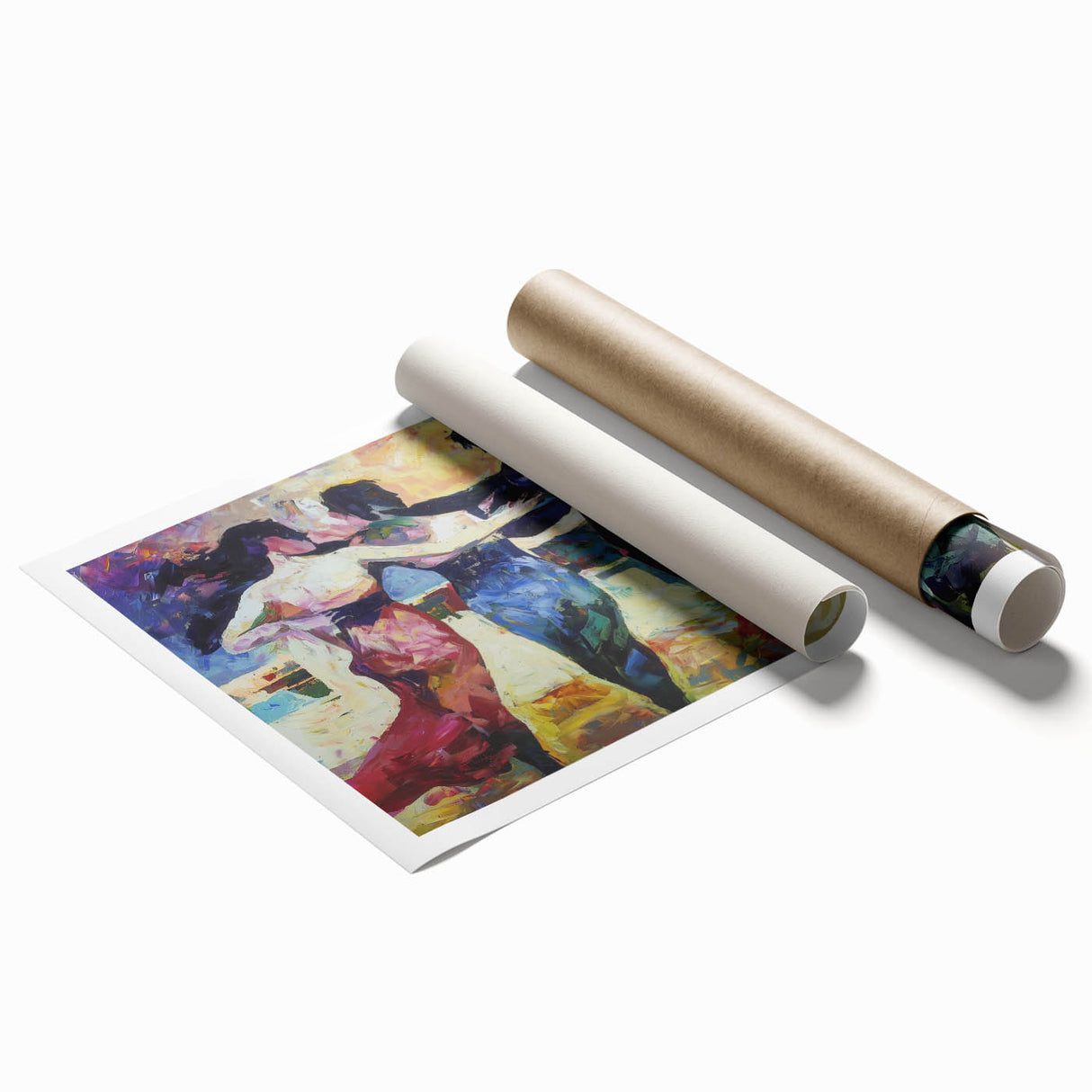 Abstract figurative rolled canvas print showcasing vibrant colors and dynamic shapes, ideal for modern home decor. Packaged securely in a protective tube for safe delivery.