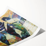 Abstract figurative art print featuring vibrant colors and dynamic shapes, rolled and secured in a protective cardboard tube, ideal for modern decor.