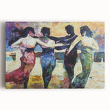 Abstract figurative wall art canvas featuring vibrant colors and dynamic shapes, perfect for modern decor. Stretched for easy display, showcasing a unique artistic expression.
