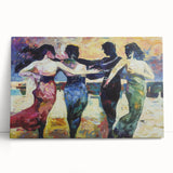 Abstract figurative stretched canvas artwork featuring vibrant colors and dynamic shapes, leaning against a wall, ideal for modern home decor and artistic expression.