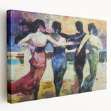 Abstract figurative art piece displayed on stretched canvas, showcasing vibrant colors and dynamic shapes, ideal for modern home decor or gallery settings.