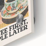 Large abstract wall art on acrylic glass depicting assorted fruits in vibrant colors, ideal for dining room art.