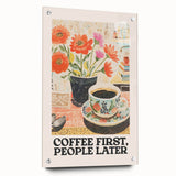 Large abstract wall art on acrylic glass depicting colorful food and drinks, suitable for bedroom or dining room decor.