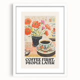 Abstract art print featuring swirling patterns in muted gray and blue tones, framed in white, ideal for dining room decor.