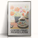 Large art print of a mid-century modernist food and drinks motif in a silver frame, ideal for modern kitchen decor.