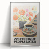 Mid-century modernist art depicting food and drinks in muted colors, framed acrylic print, ideal for nursery wall decor.