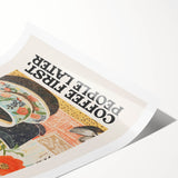 Extra large wall art featuring line art flowers in black on white, rolled print, suitable for large living room decor.