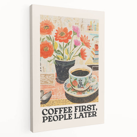 Large stretched canvas featuring a variety of colorful food and drink items, ideal for kitchen wall art.