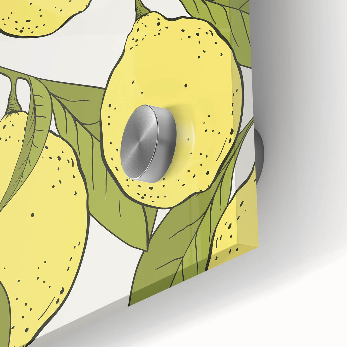 Large abstract wall art featuring assorted fruits in vibrant colors on acrylic glass, ideal for dining room art.