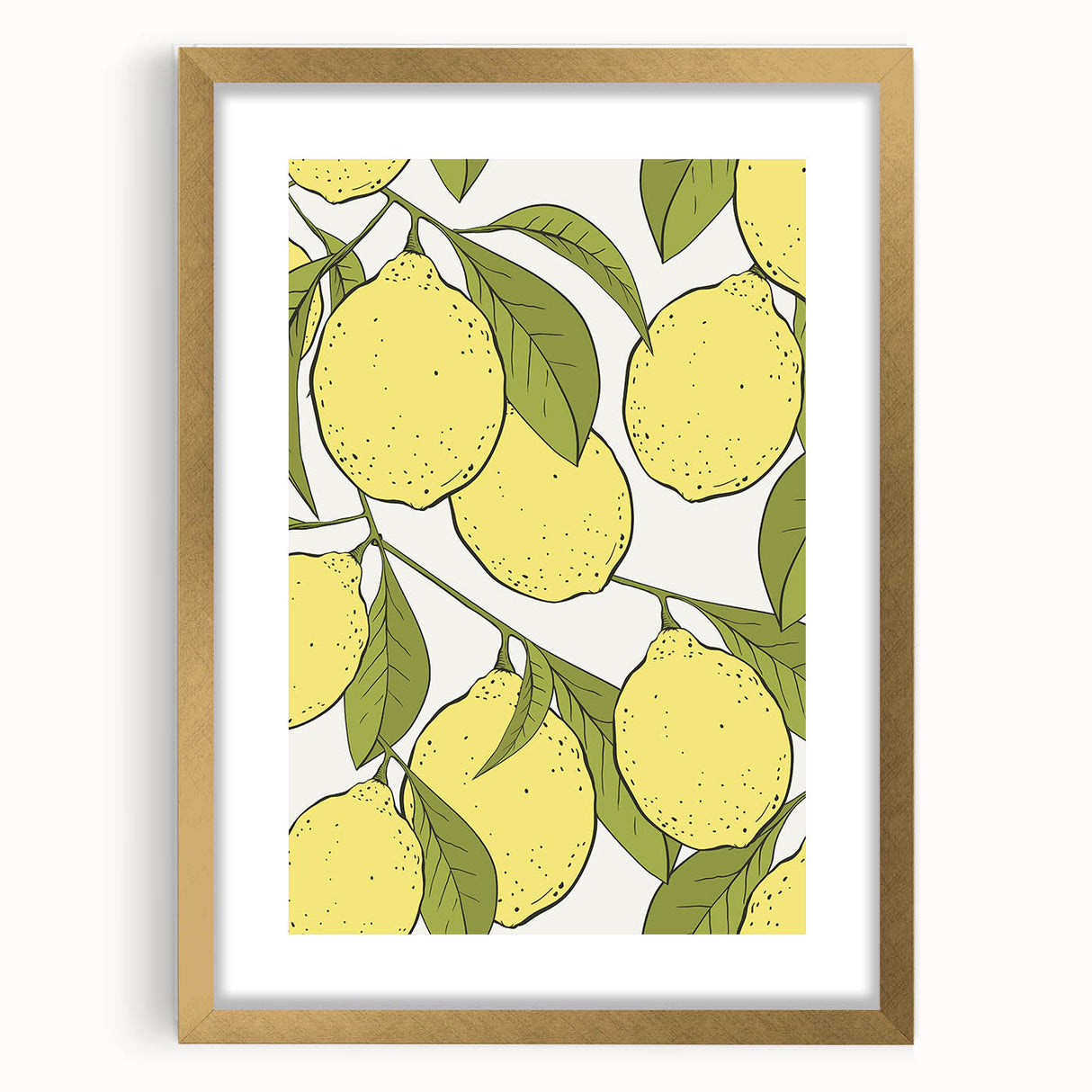 Extra large abstract art print featuring textured fruits in vibrant colors, framed in gold, ideal for living room decor.