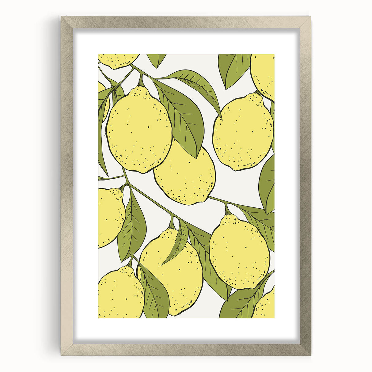 Textured art print of abstract fruits in vibrant colors, framed in silver, suitable for bedroom decor.