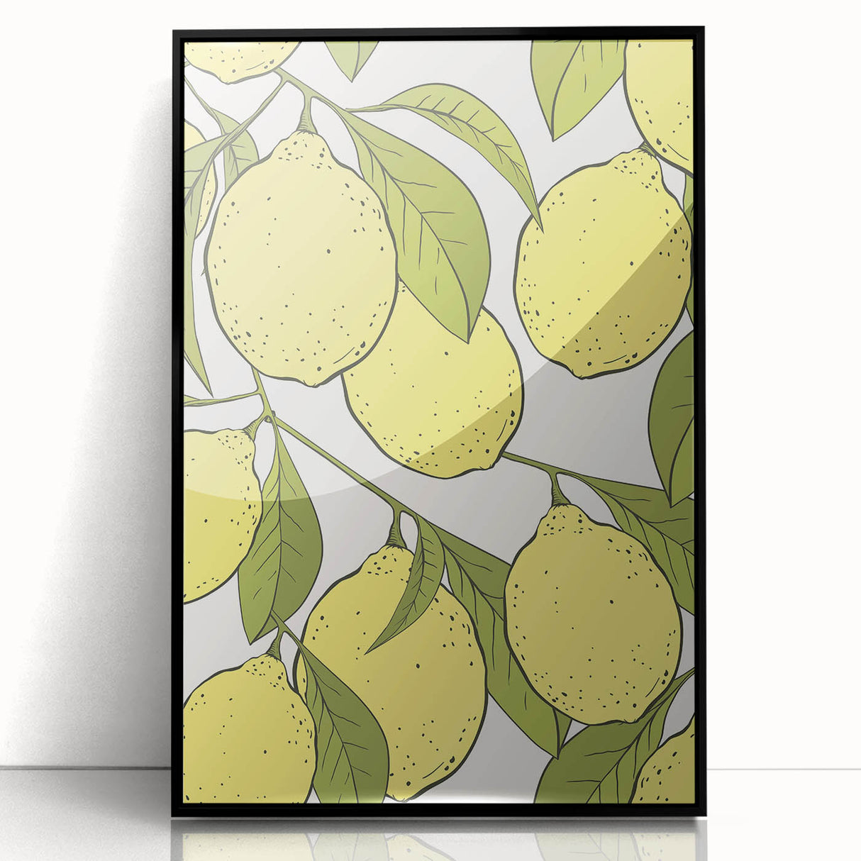 Large abstract wall art featuring assorted fruits in bold colors, framed in black acrylic, suitable for modern kitchen decor.