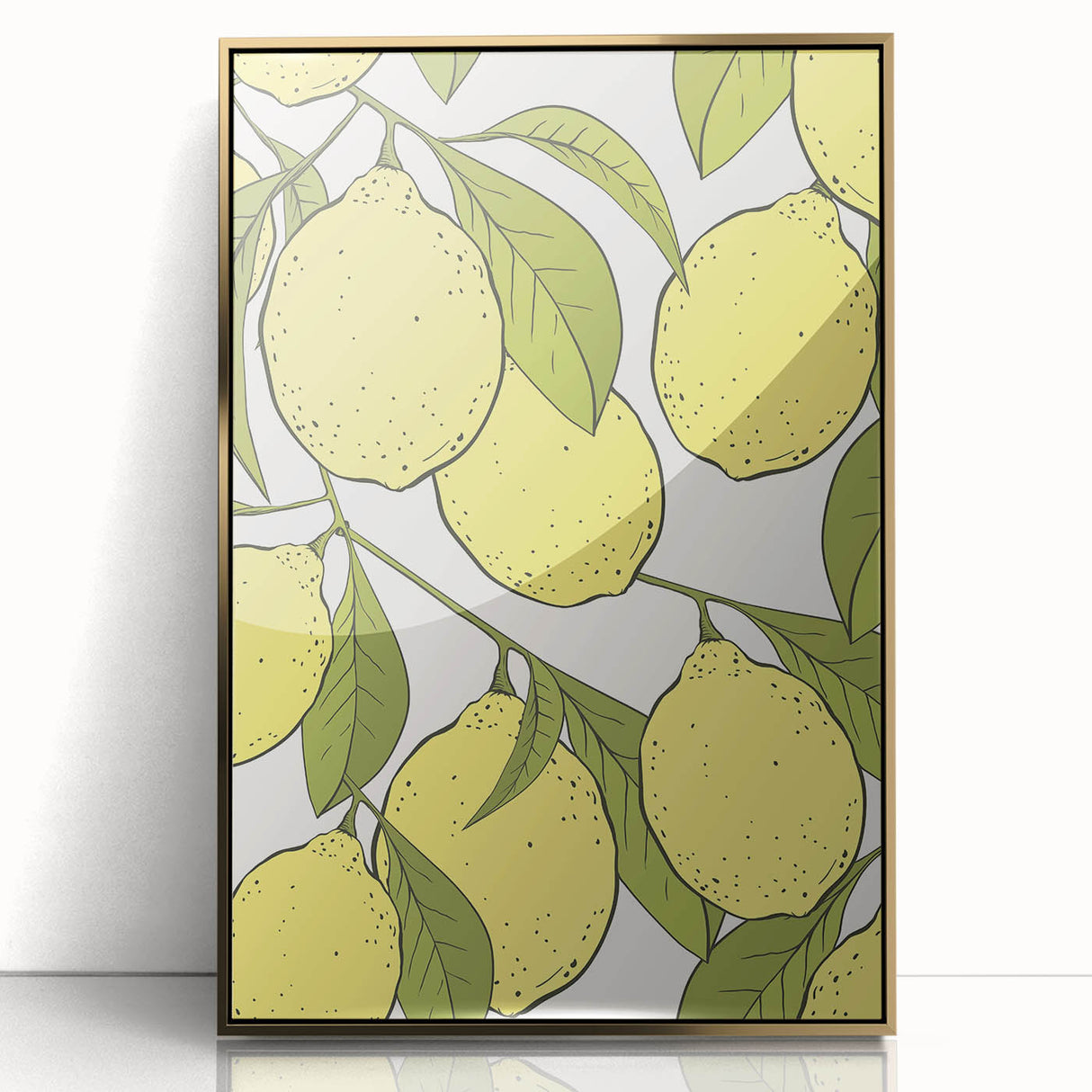 Large art print of assorted fruits in vibrant colors on a gold acrylic frame, styled in mid-century modernist design.