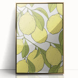 Large art print of assorted fruits in vibrant colors on a gold acrylic frame, styled in mid-century modernist design.