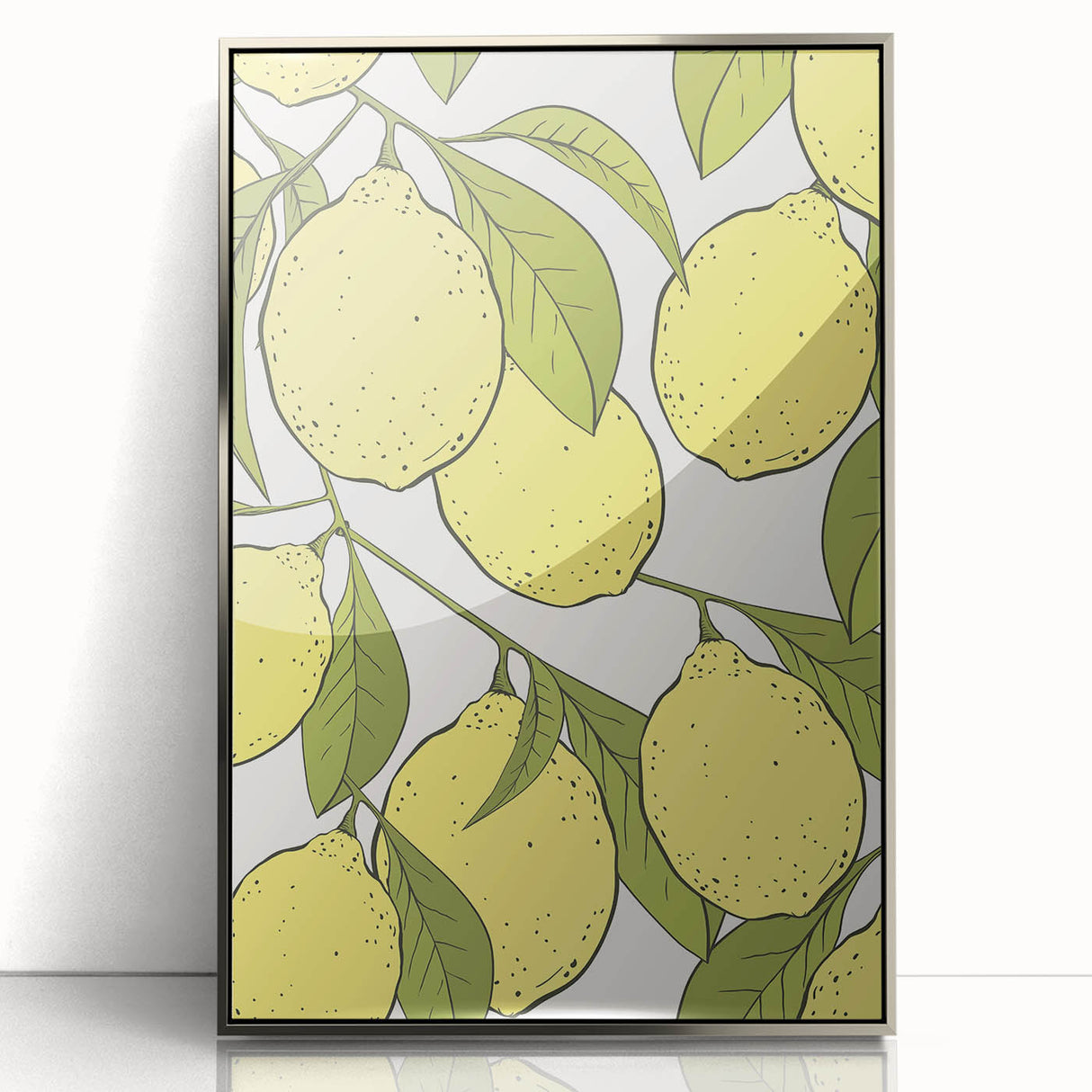 Mid-century modernist art featuring an array of colorful fruits on a silver-framed acrylic print.