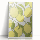Art deco poster featuring an array of fruits in vibrant colors on a white acrylic framed print.