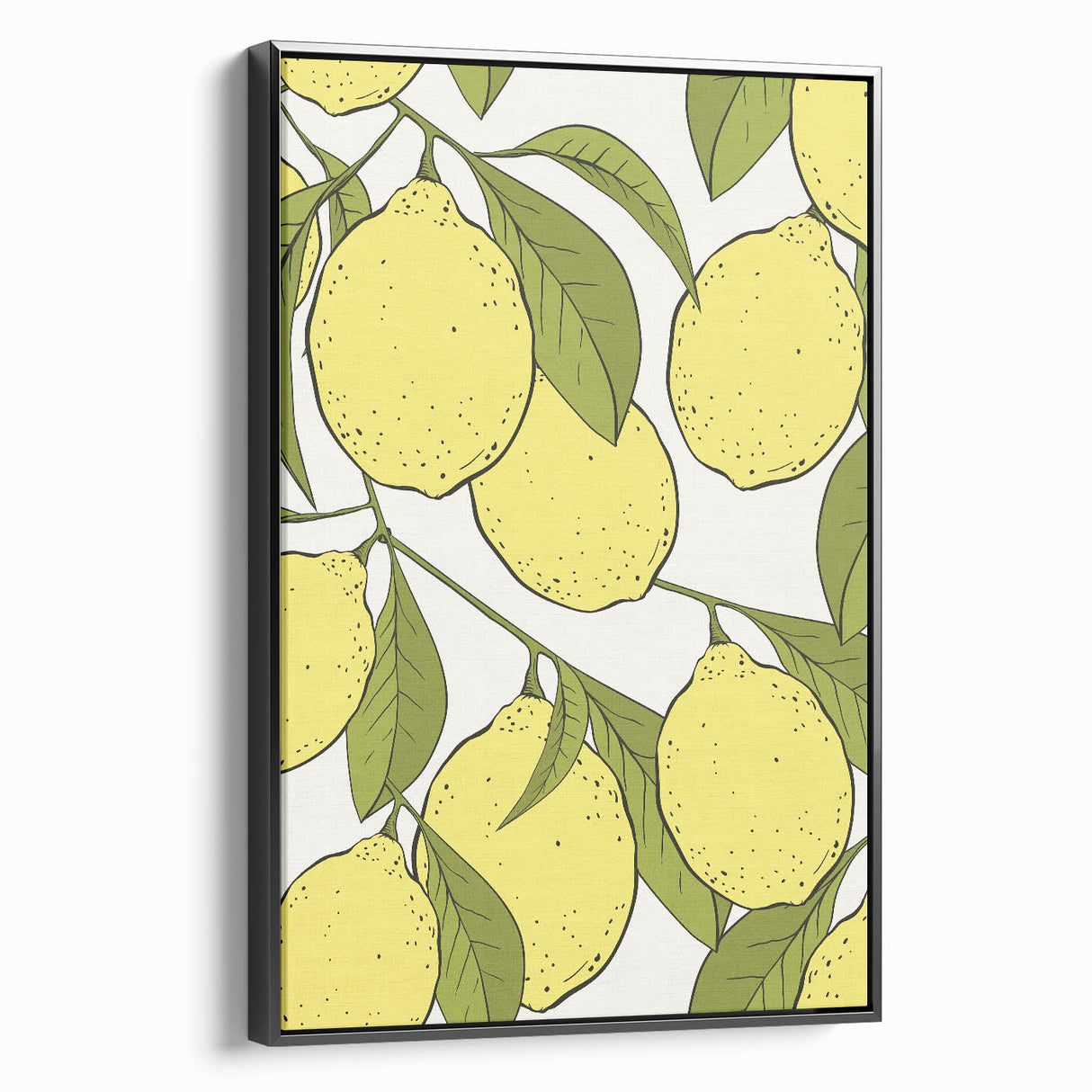 Black and white framed canvas featuring a vintage poster art style landscape with various fruits.