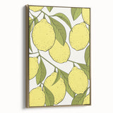 Framed canvas featuring a vintage poster of assorted fruits in muted earth tones, ideal for bedroom wall art.